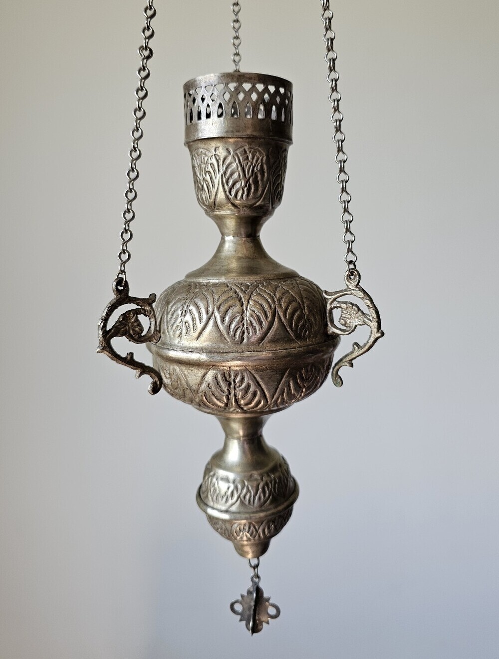 Vintage Brass Thurible Hanging Incense Burner with Triple Chain & Leaf Detail